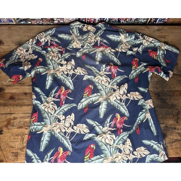 VTG Mens L Paradise Found Blue Red Parrot Rayon Hawaiian Shirt Magnum PI USA - Picture 2 of 4